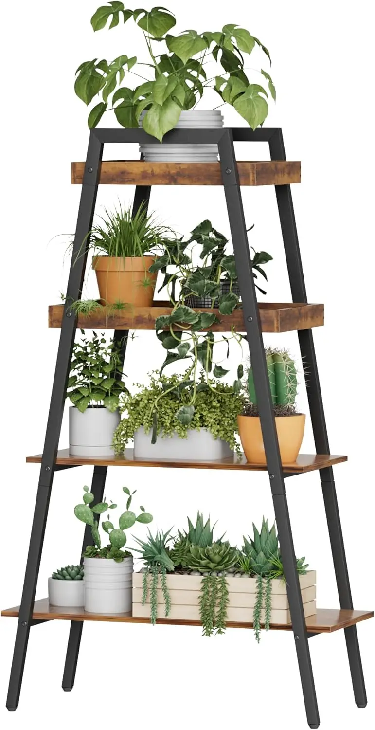 

Industrial Ladder Shelf, 4-Tier Bookshelf With Steel A Frame, Wooden Storage Ra Shelves For Living Room/Home Office, Brown