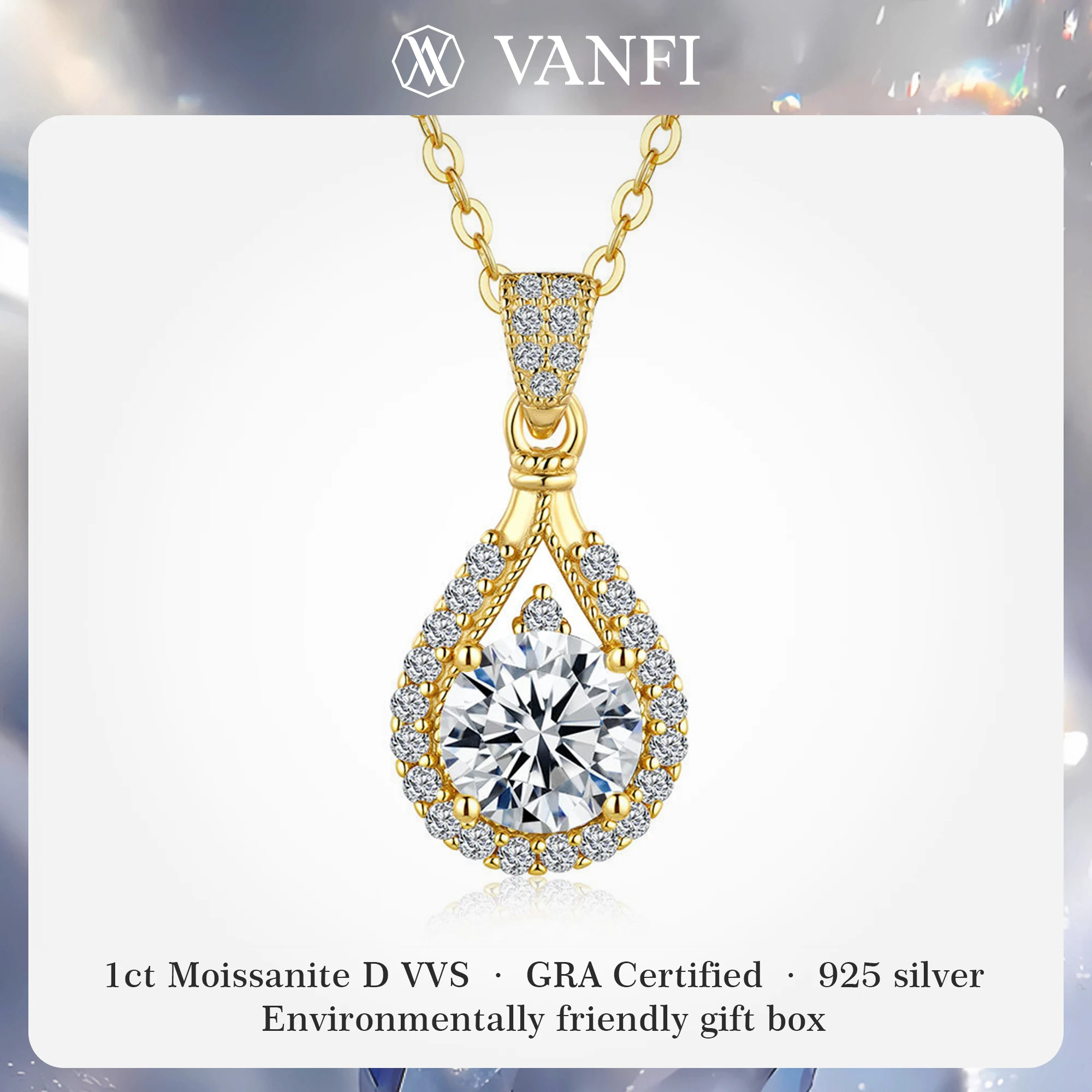 

kfvanfi 1ct moissanite s925 sterling silver women's necklace plated with 18k gold drop fashion banquet party lab diamond jewelry