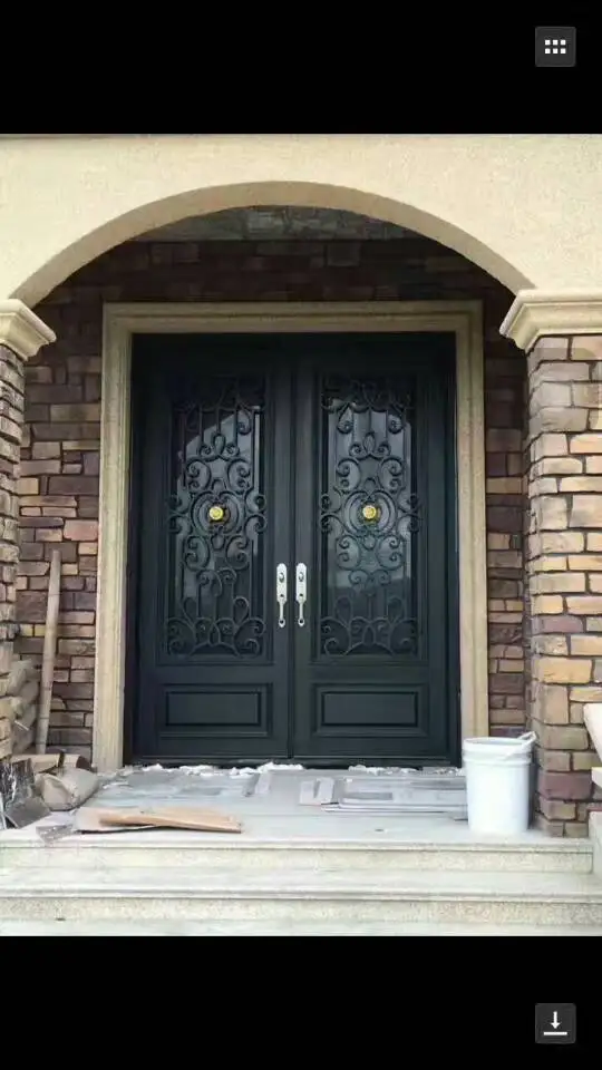 Custom Home Villa Wrought Iron Double Doors Steel Glass Front Iron Door Design