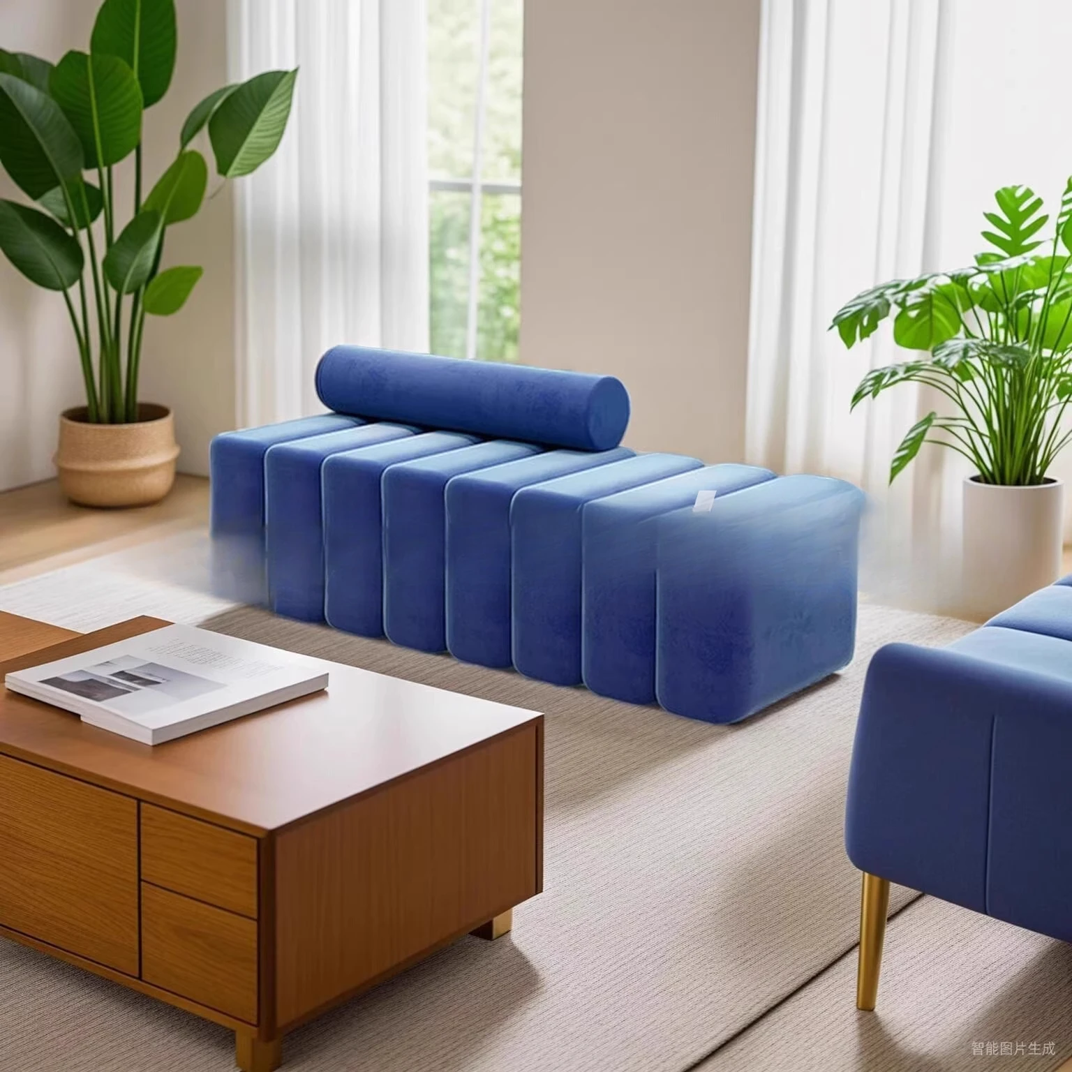 Área de estar, banco longo do sofá no final da cama