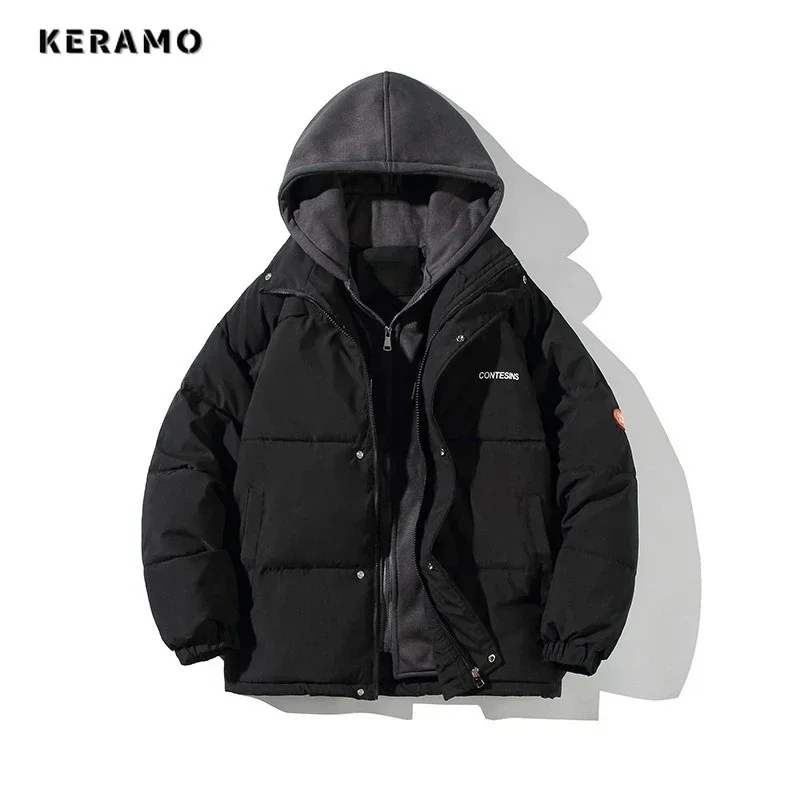 Women Casual All-match Long Sleeve Single Breasted Simple Hooded Parkas 2023 Winter Fake Two Piece Warm Jacket Solid Coat