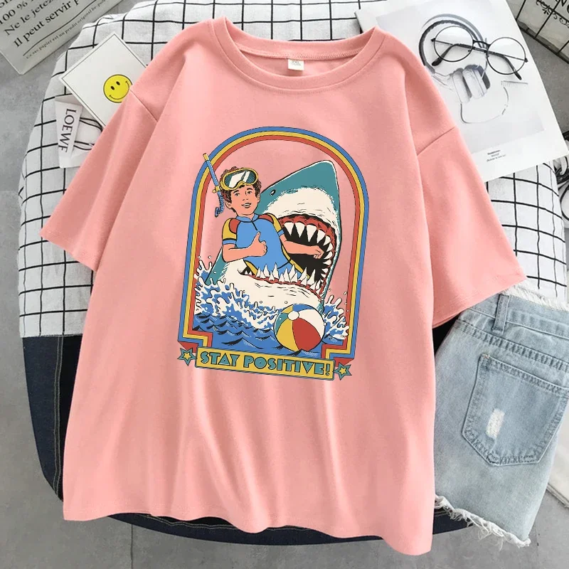 Female Cotton Oversized T Shirt Fashion Casual Clothes Soft Street Tshirt Stay Positive Even If Eaten By Sharks Print Tshirt