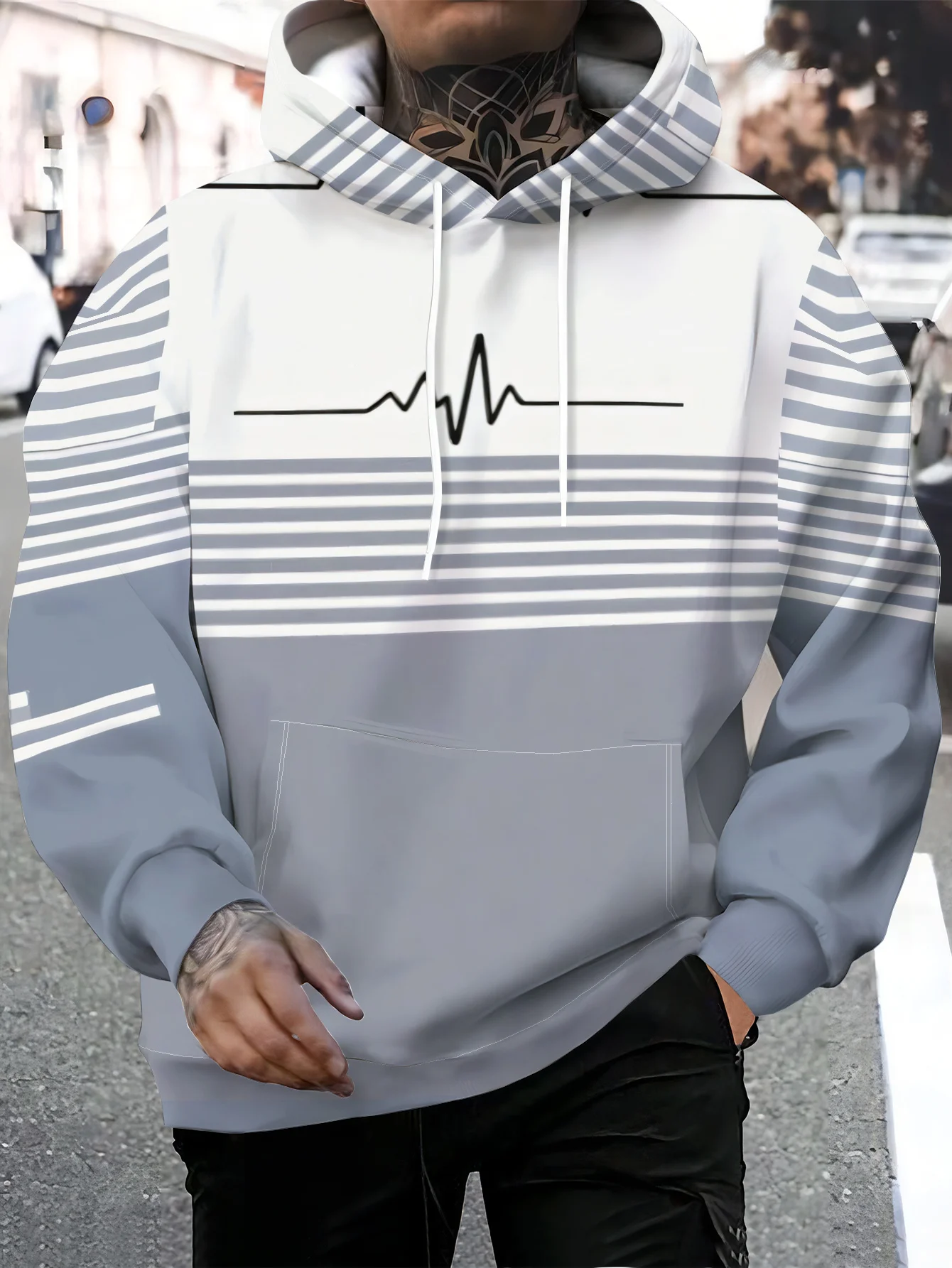 Men's Hoodie Autumn 3D Print ECG Heartbeat Line Striped Splicing Art Pullover Streetwear Casual Sweatshirt Men Clothing