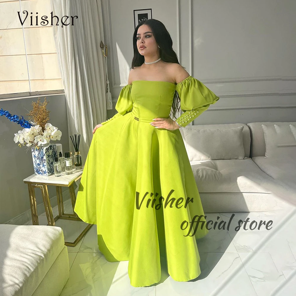 

Sage Green Satin A Line Evening Dresses with Sleeve Strapless Arabic Dubai Formal Dress Floor Length Womens Prom Party Gown