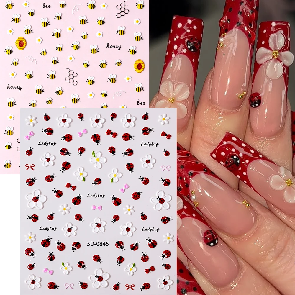 2pcs 5D Ladybug&bee Nail Stickers Set Cute Embossed White Daisy Bow Bees Beehive Design Nail Decals DIY Spring Summer Nail Decor