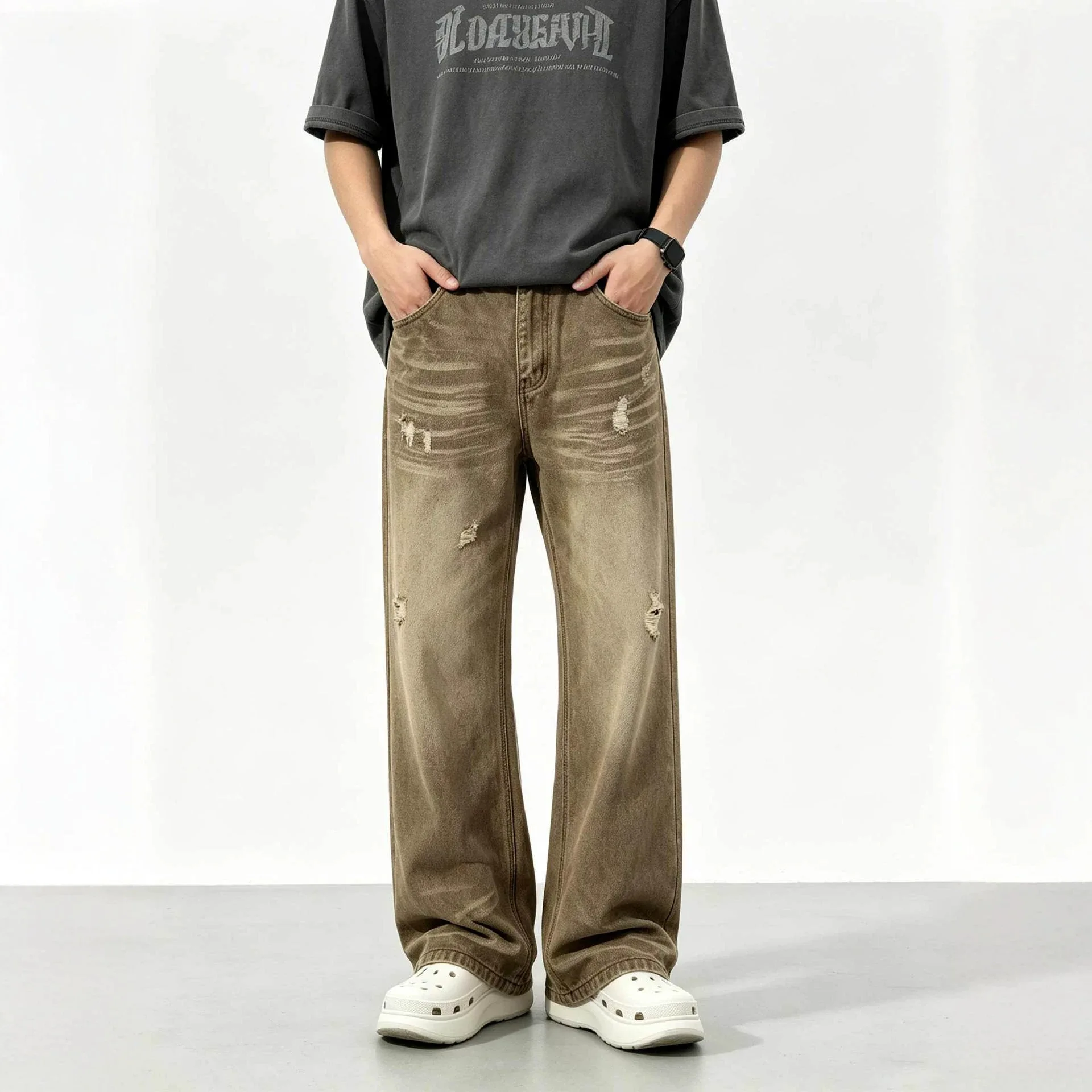 Men Black Brown Wash Hole Patched Wide Leg Straight Simple Basic Casual Trendy Denim Trousers Vintage Fashion Male Jeans Pants