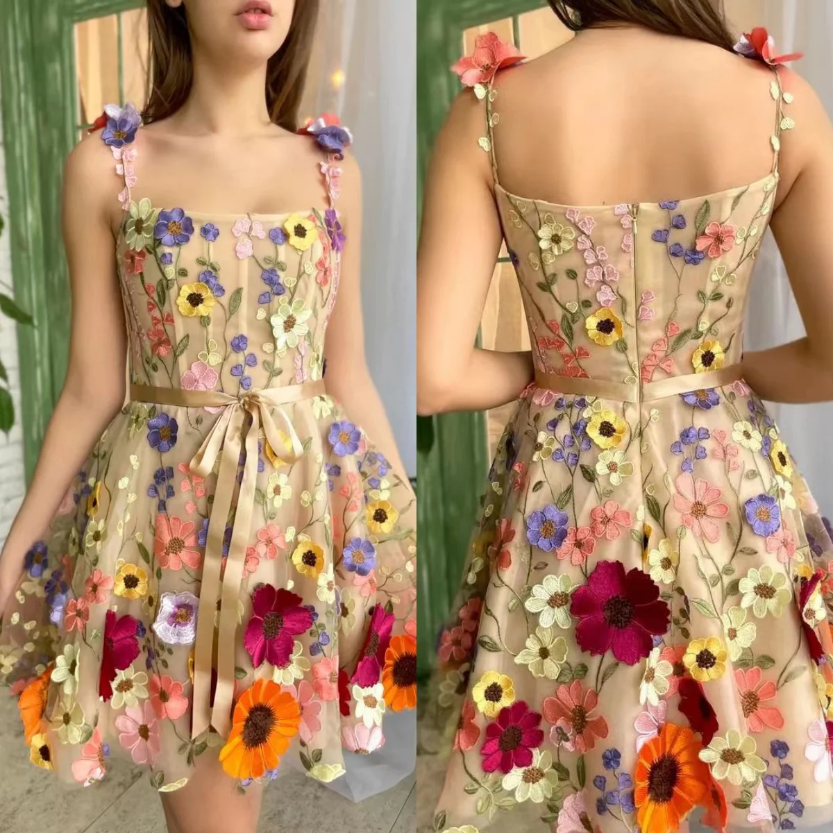 Flowers A-line Mini Graduation Dresses Spaghetti Straps Square Collar Backless Zipper Sparkly Princess Dress Girl's Prom Gowns