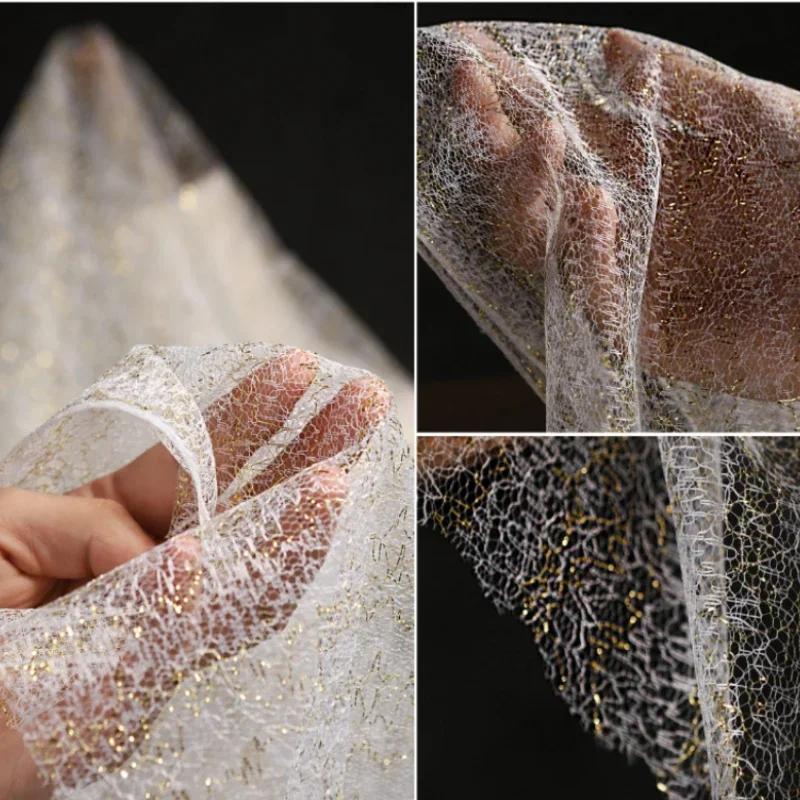 

Gold Wire White Irregular Hollow Mesh Fabric Dress Shirt Photography Decoration Clothing Designer for Diy Sewing Material Cloth