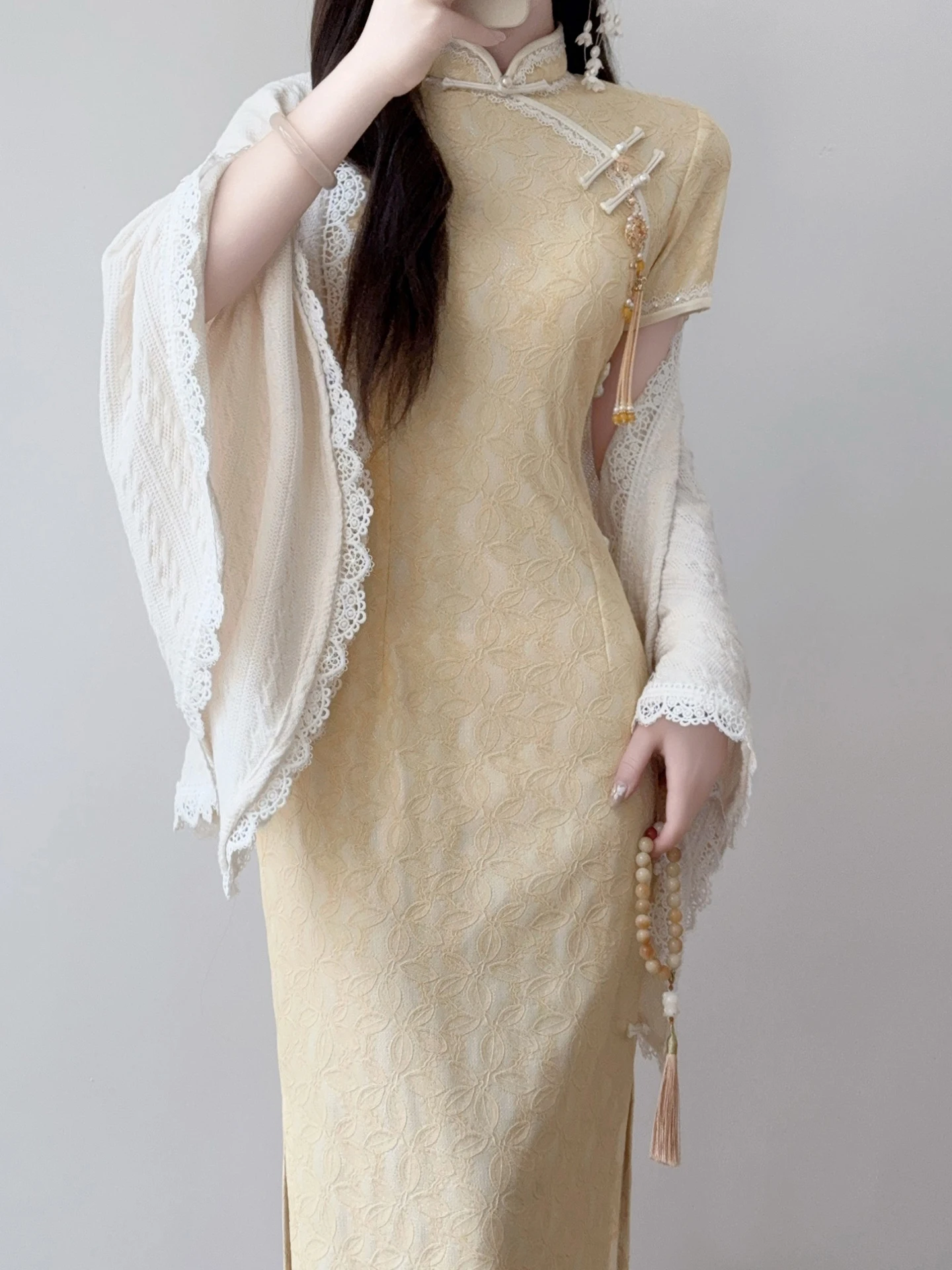 

Ting Yue Ling Yellow New Chinese Sle Young Model Slim Fit Summer Dr High Waist Commute Sle Long Sve Zipper