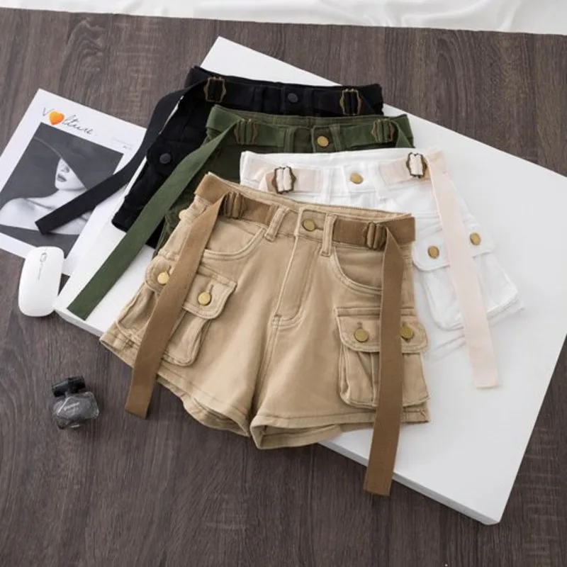 

Vintage Women's Denim Shorts Hight Waisted Pockets Khaki Y2k Casual Jeans Cargo Pants Gothic 2024 Summer New Black Short Jeans