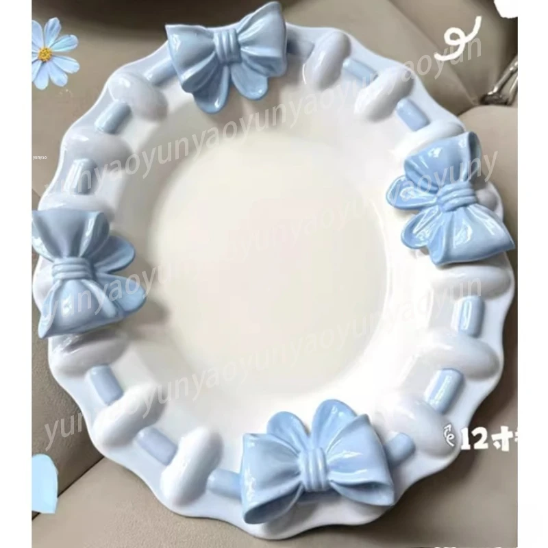 Embossed Porcelain Dessert Plate French Vintage Floral Bow Ceramic Dish Salad Cake Tableware Romantic Home Gift for Ladies