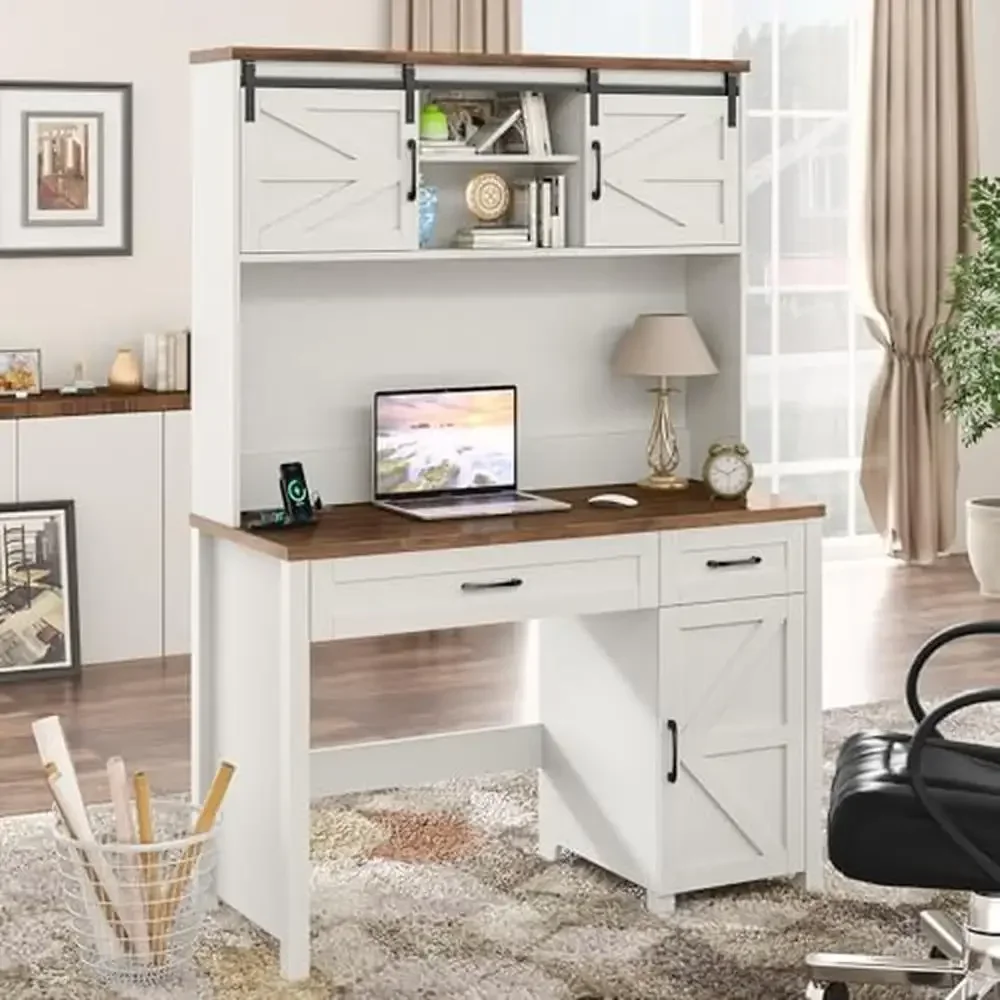 Farmhouse Executive Desk with Drawers Storage Cabinet Charging Hub and Hutch Home Office Workstation 47