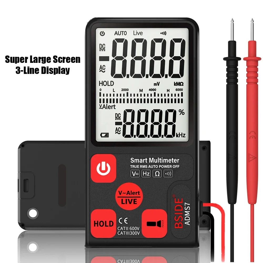 BSIDE ADMS7 Voltage Tester 3.5'' Large LCD Digital Smart Multimeter 3-Line Display TRMS 6000 Counts DMM with Analog Bargraph