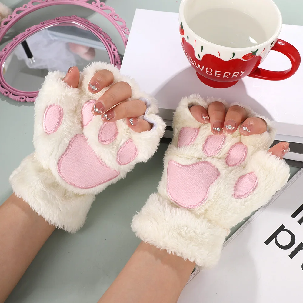 2023 Cute Bear Paw Women Gloves Korean Cat Claw Paw Plush Mittens Warm Half Finger Winter Gloves Christmas Halloween Girls Gift