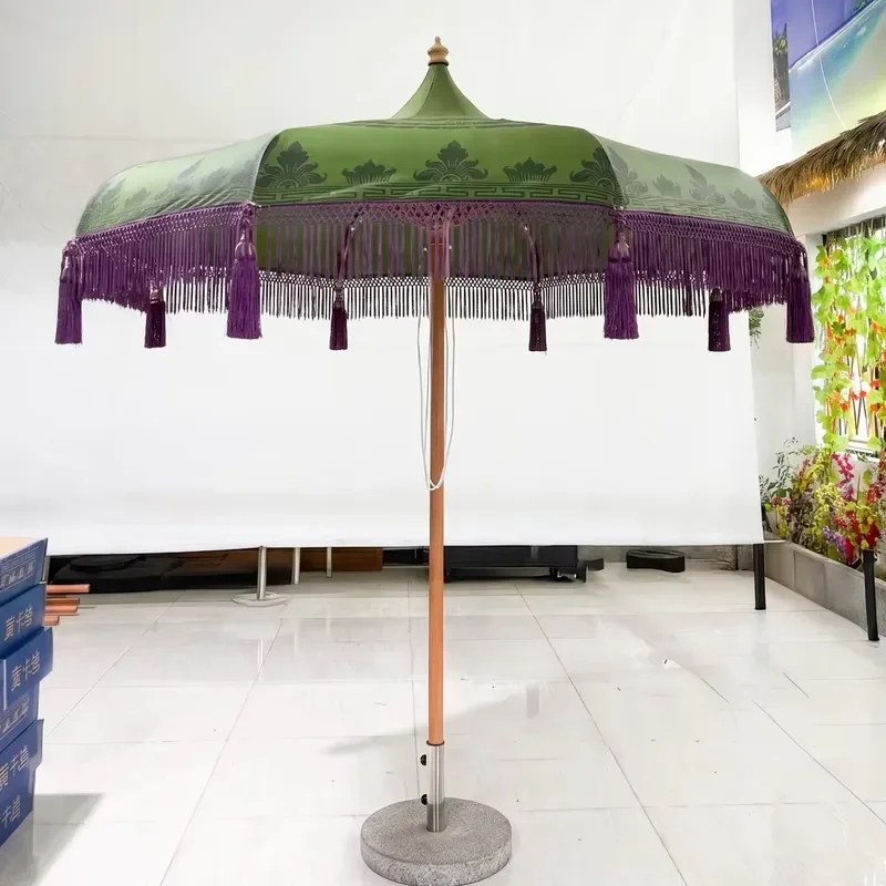 48mm European Pagoda Umbrella Imitation Wood Grain Pole Digital Print Custom Tassel Luxury Outdoor Sunshade