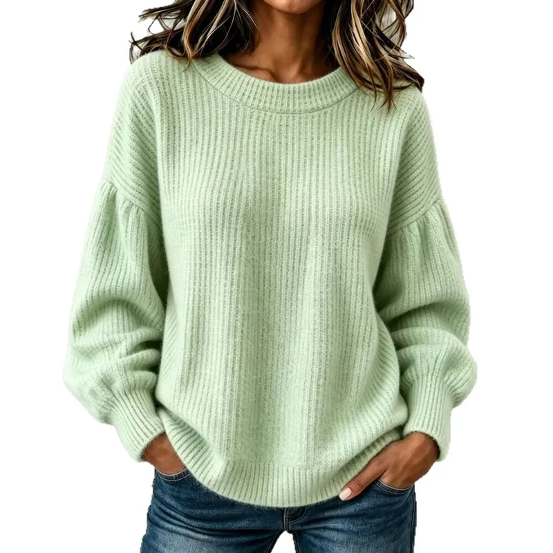 Women Crew Neck Knit Sweater Solid Color Lantern Sleeve Loose Casual Pullover