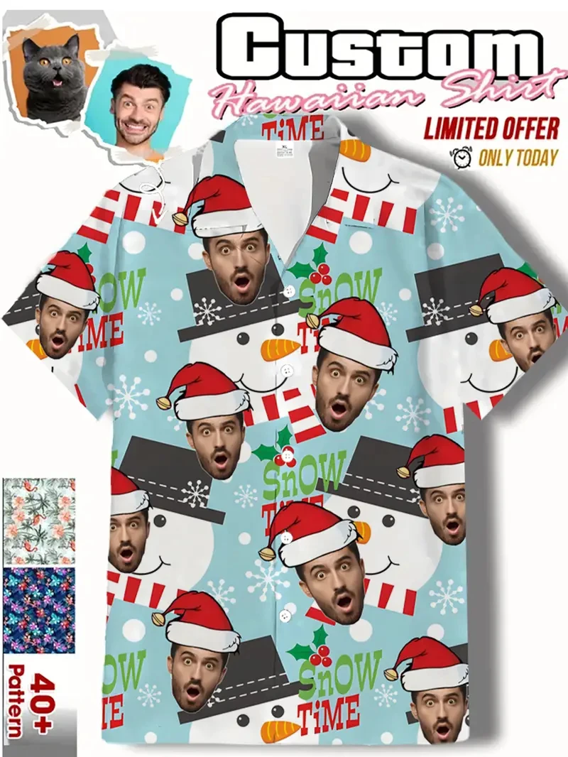 

Рубашки со снеговиком в рождественском стиле для мужчин, одежда на заказ, рождественская рубашка с 3D принтом Y2k, верхняя одежда, блузки с короткими рукавами и лацканами