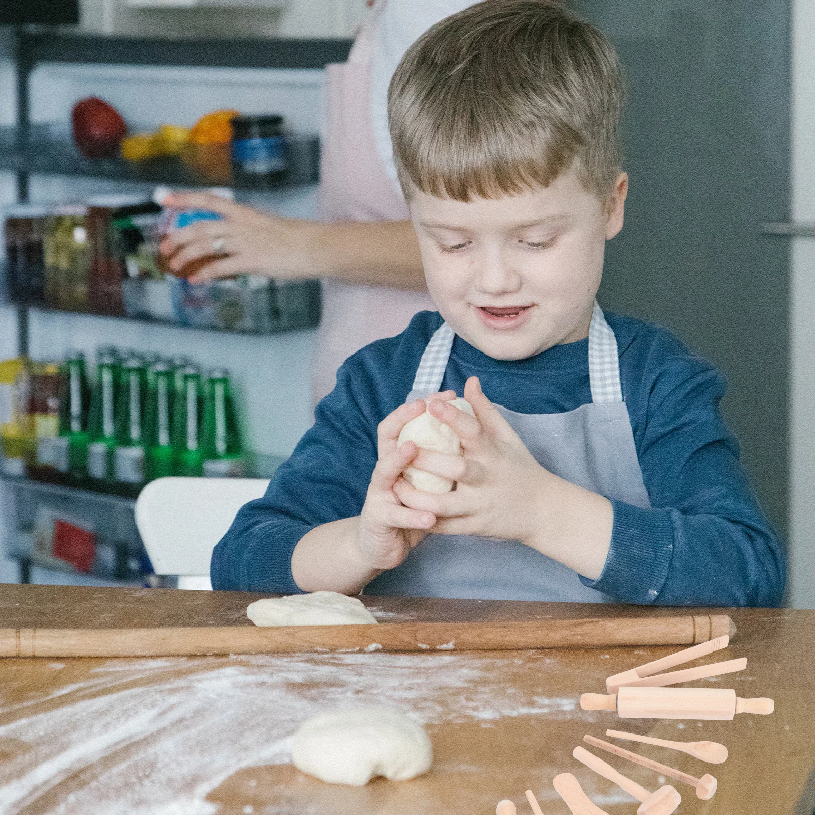 1Set Wooden Children's Kitchen Utensils Safe Smooth Edge Mini Spatula Rolling Pin Egg Beater Baking Playset Wood Rolling Pin Toy