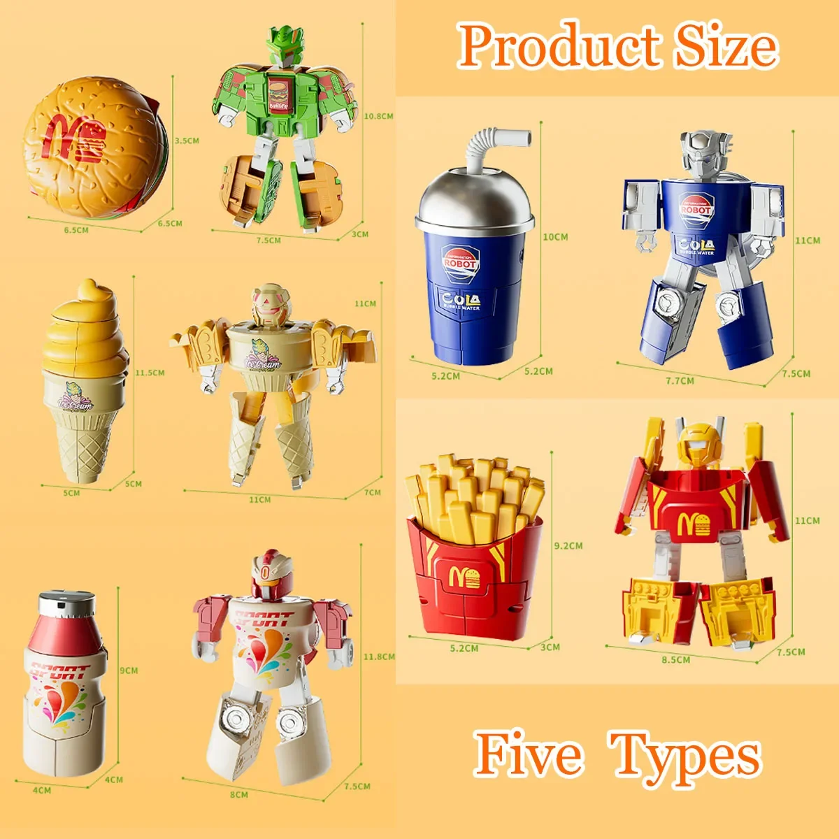 Transformerend robotspeelgoed, voedselsimulatie Hamburger Frietjes en drankjes, creatief vervormingsrobotmodel, leuk cadeau voor kinderen jongens meisjes