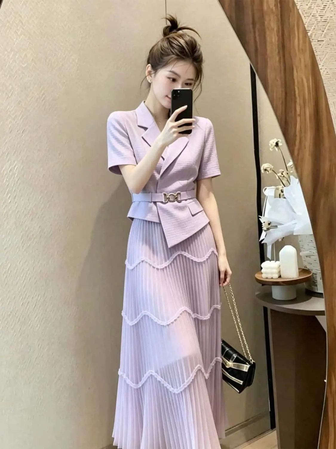 New Office Lady Summer Women's Suit Fashion Design Lapel Short Sleeve Irregular Blazer + Wave A-line Skirt Two Piece Set Elegant image 2