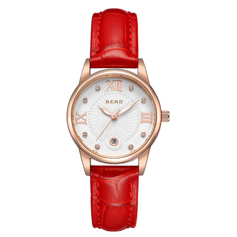 READ Women Analog Quartz Watch | Red Leather Strap | Day Date Display | Roman Numeral Dial | Daily Water Resistant Dress Watch