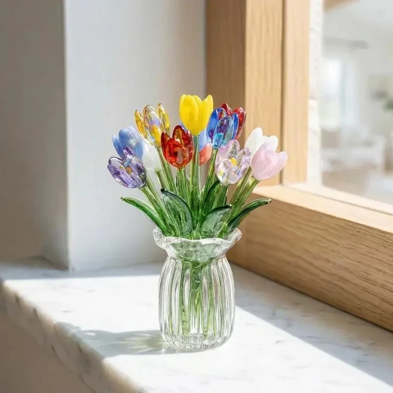 Mini Lifelike Glass Flowers Simulation Flowers Handcrafted Floral Sculpture Floral Bouquet With Vase Home Decoration