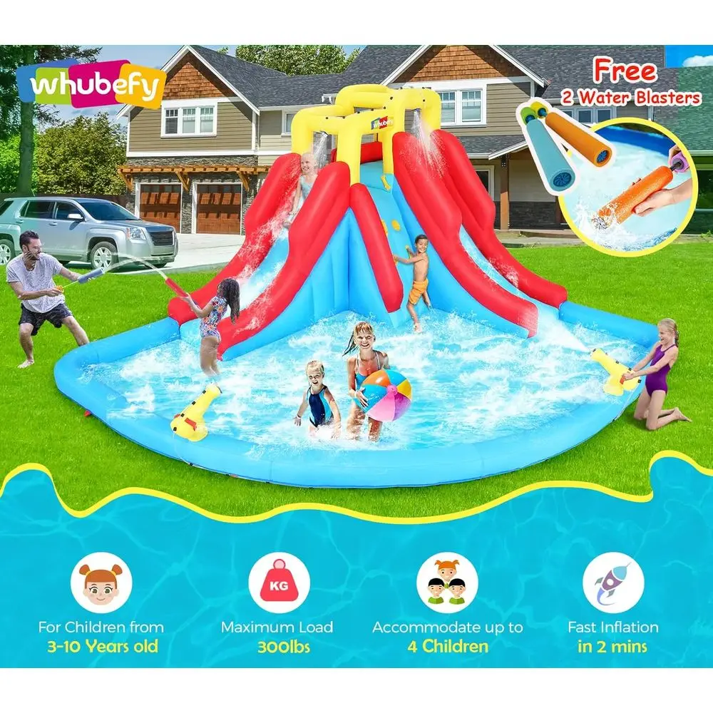 어린이용 에어 슬라이드, 10 in 1 에어 바운스 하우스 워터파크 (송풍기, 물총 2개, 물 블래스터 2개, 클라이밍, 스파 포함)