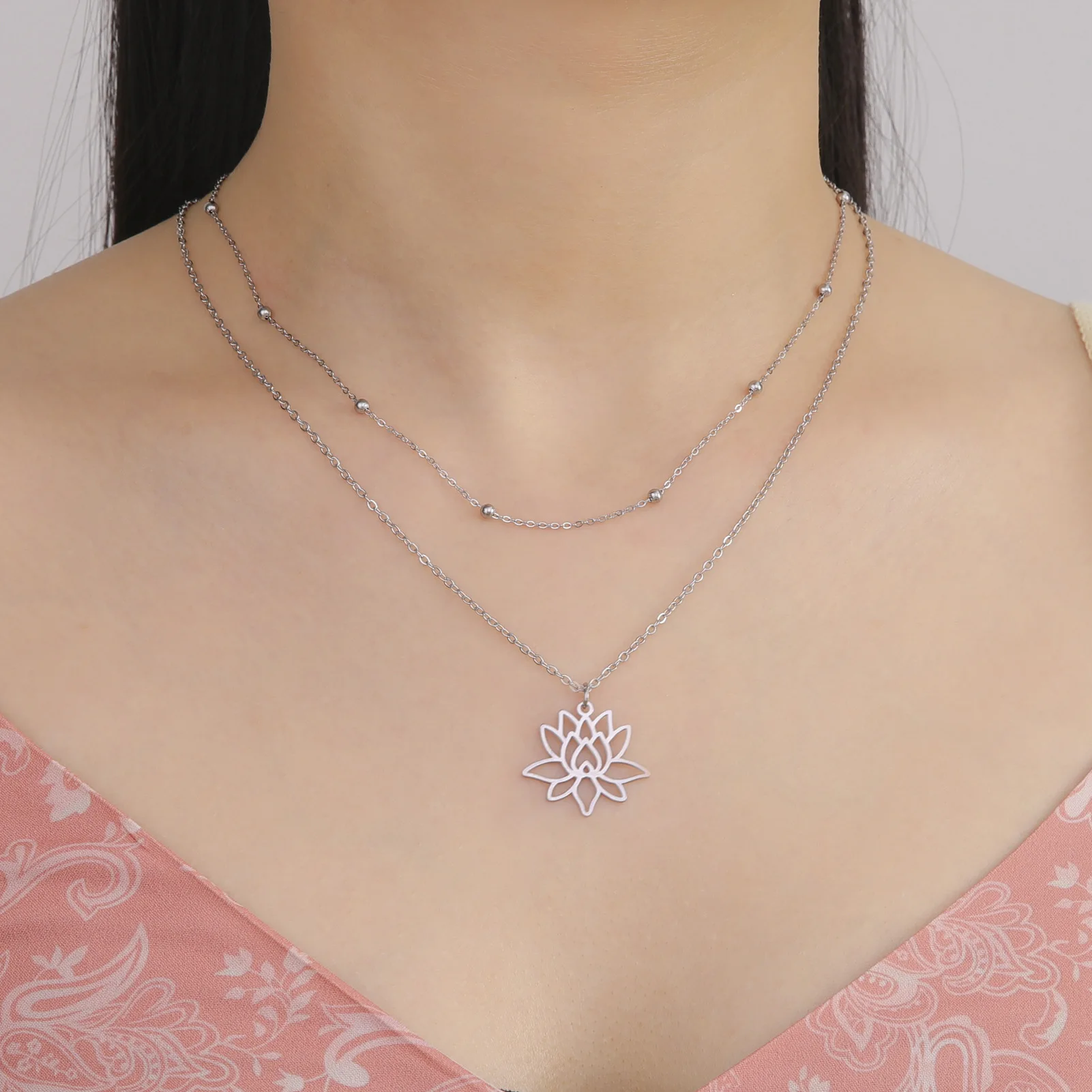 الفولاذ المقاوم للصدأ لوتس قلادة زهرة المختنق قلادة قلادة المجوهرات #4