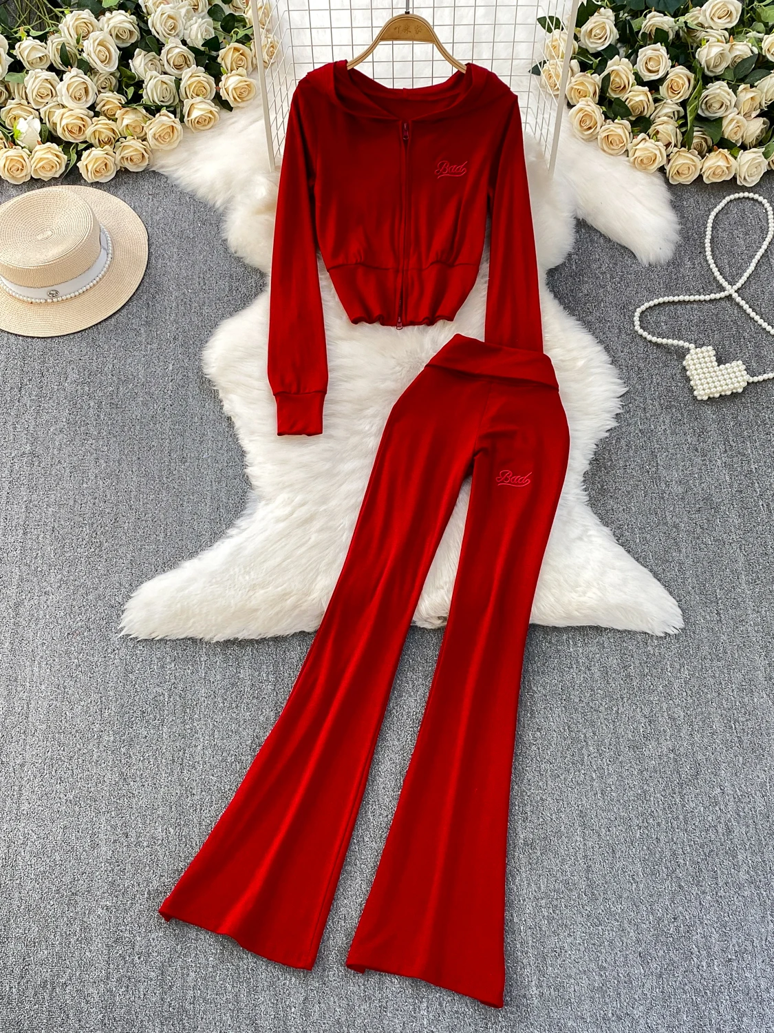 

Faionable Embroidered Zipper Jaet And High Waist Slimming Trouser Set Women's Autumn Clothing ort Sle Con-Suitable Fa...