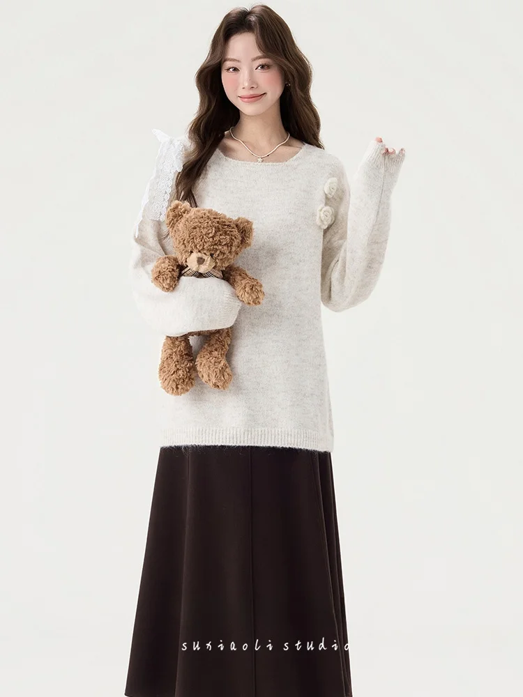 

Su Xiaole вязаный свитер и комплект юбки, женский модный зимний наряд, бежевый круглый Ne Long Sve, повседневный комплект для поездок на работу