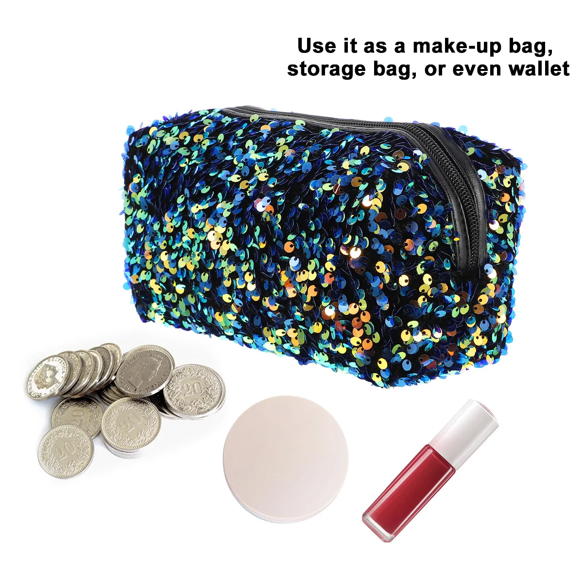 

Sequin Bag Blue Toiletry Storage Large Capacity Travel Makeup Organizer Pouch Fashion Square Portable