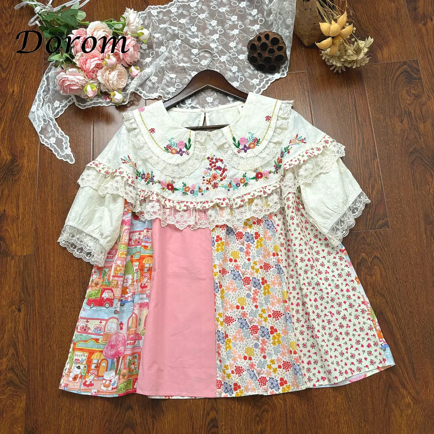 Vintage Embroidery Mori Girl Kawaii Shirt Women New Sweet Peter Pan Collar Patchwork Blouses Japan Style Kawaii Cotton Linen Top