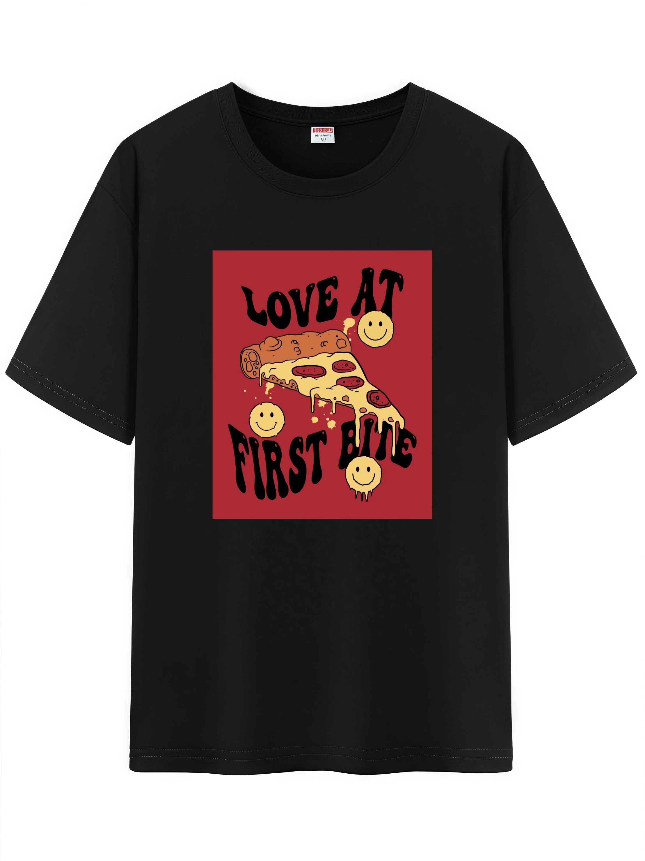 

Funny Short Sleeve Cotton Trendy T-Shirt - Fashion Graphic Tee w/ Cheesy Pizza Art & Love at First Bite Slogan Design