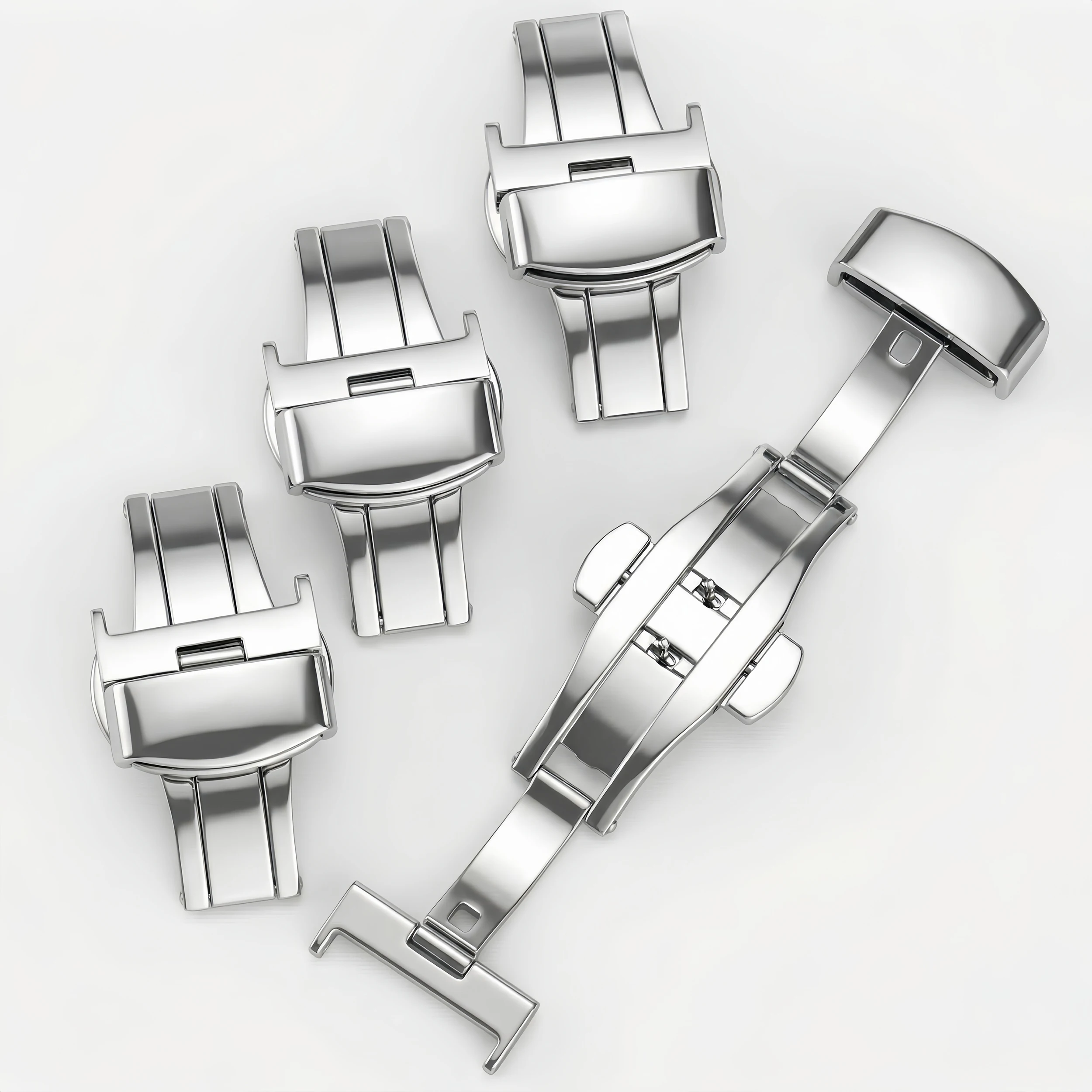 

Polished Silver Butterfly Clasp 16mm 18mm 20mm 22mm Double Push Deployment Watch Buckle Solid Stainless Steel Men Women