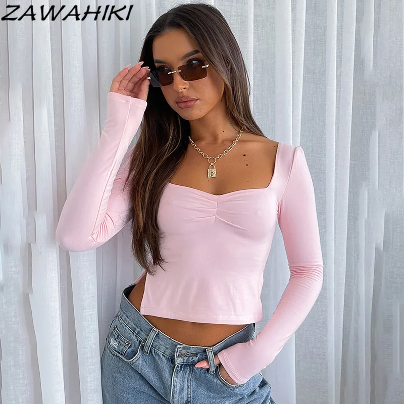 

ZAWAHIKI T Shirts for Women Solid Color Spring Fall Square Collar Long Sleeve Pleated Slit Y2K Aesthetic Temperament Tops Mujer