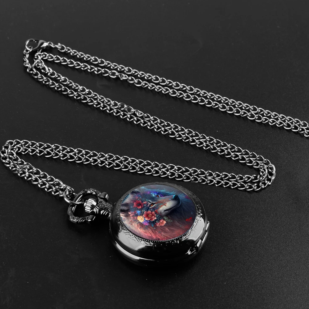 Exquisite Coloured Drawing Wolf Glass Dome Quartz Pocket Watch Arabic numeral Necklace Pendant Gifts For Women Man with Chain