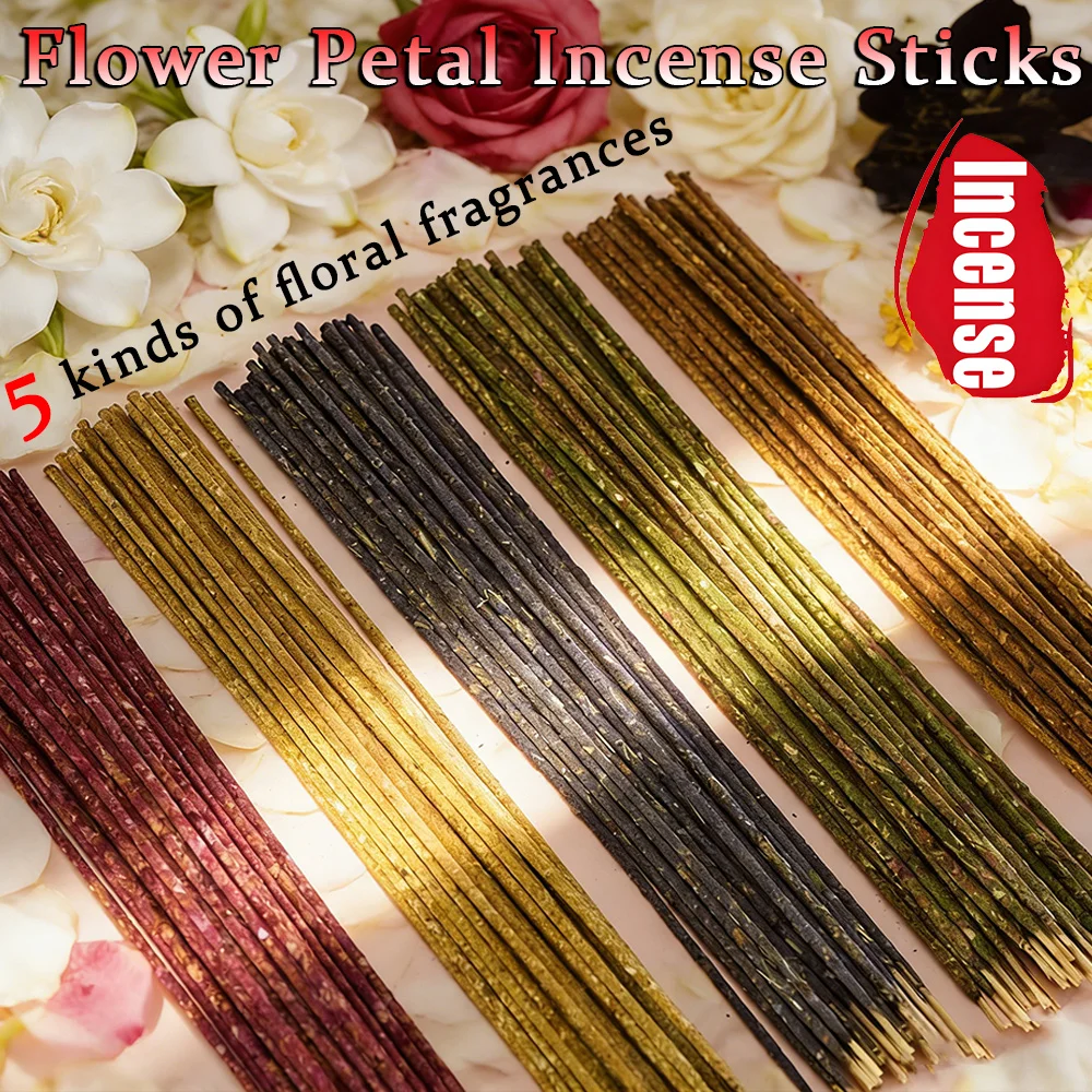 Popular Hand-Rolled Flower Petal Incense Stick, 21cm Long, Argentinian Handmade Incense, Made from Dried Flower Petals and Incense Powder, Includes 5 Scents: Osmanthus, Rose, Jasmine, Gardenia, and Ink Orchid, Purifies the Air, Deodorizes and Enhances Fragrance, Creates an Aesthetic Smoke Effect