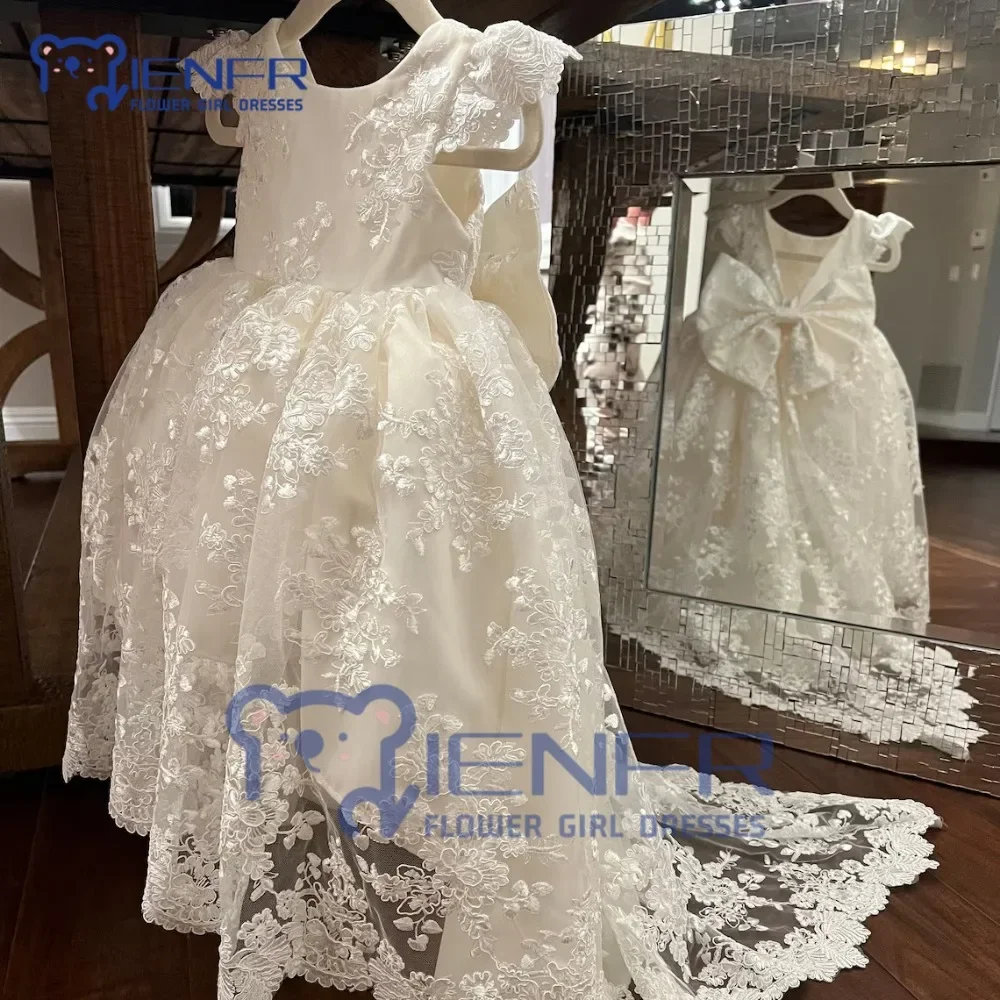 White Lace Baby Girl Dresses with Trailing for Wedding Birthday Communion Party Special Occasion Flower Girl Dress