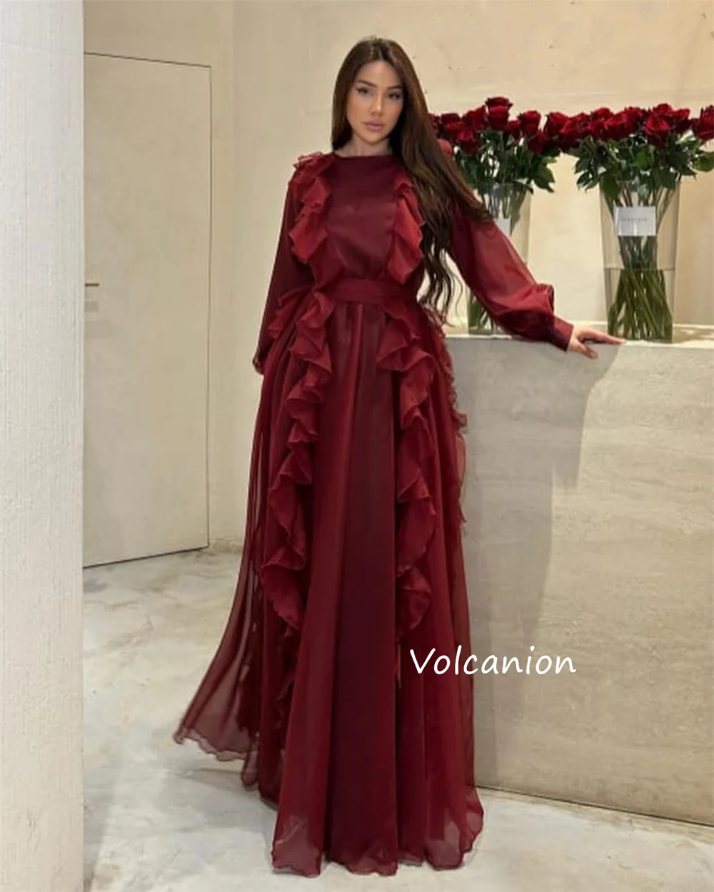 تخصيص الشيفون كشكش ألف خط س الرقبة فساتين طويلة مخصصة مناسبة حفلة موسيقية أنيقة بسيطة جودة عالية