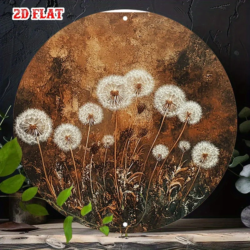 CIFBUY Vintage Dandelion Metal Wall Art Rustic Round Aluminum Sign Brown White Waterproof Durable Indoor Outdoor Decor