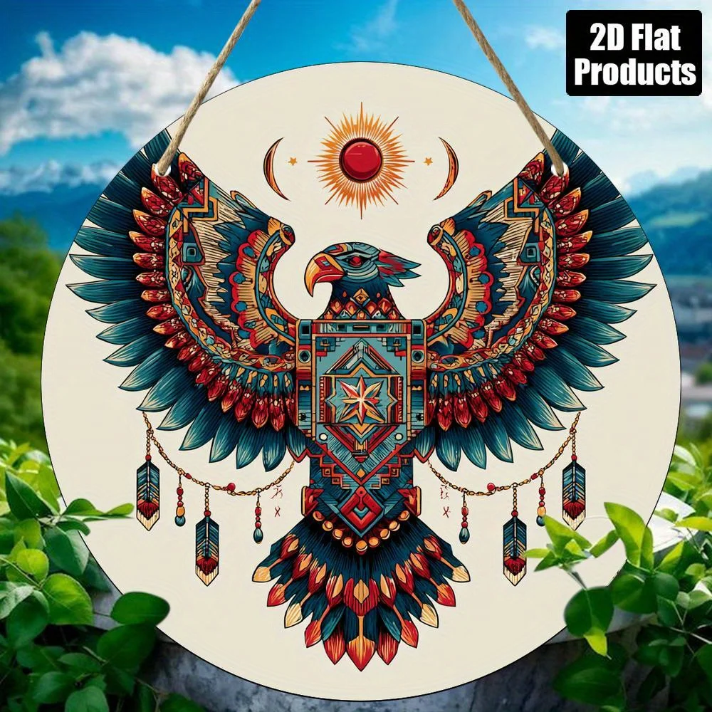 2D Flat, 1pc 2D Printed Colorful Eagle with Dreamcatcher Feathers Round Wall Decor - Wooden Decorative Plaque, Vibrant Tribal St