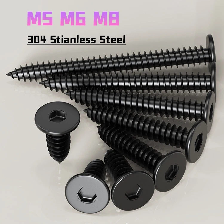 M5 M6 M8 Black 304 Stianless Steel Super Ultra Thin Hex Socket Flat Head Screw Self-Tapping Wood Screws Length 10mm  to 80mm