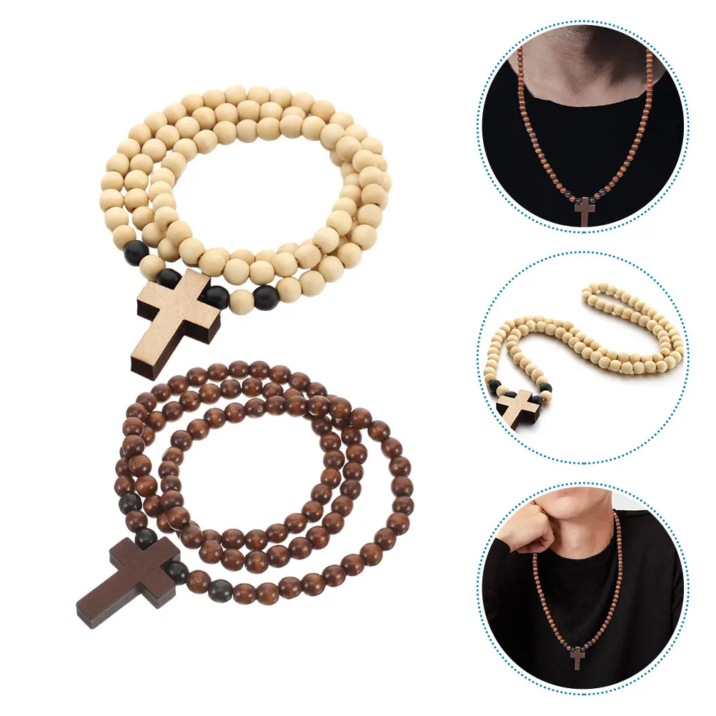 

2 Pcs Wooden Bead Necklace Cross Women Christian Bread Pendant Hip Hop Beaded Man
