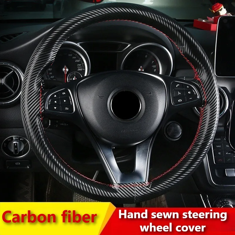 Carbon Fiber Leather Hand Sewn Steering Wheel Cover Universal Steering Covers Car Accessories DIY Car Steering Wheel Braid Cover