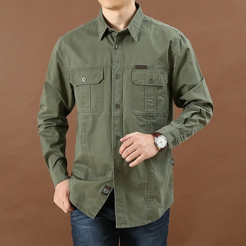 2025 Men\'s Autumn New Pure Color Military Style Casual Shirt Youth Loose Cargo Shirt