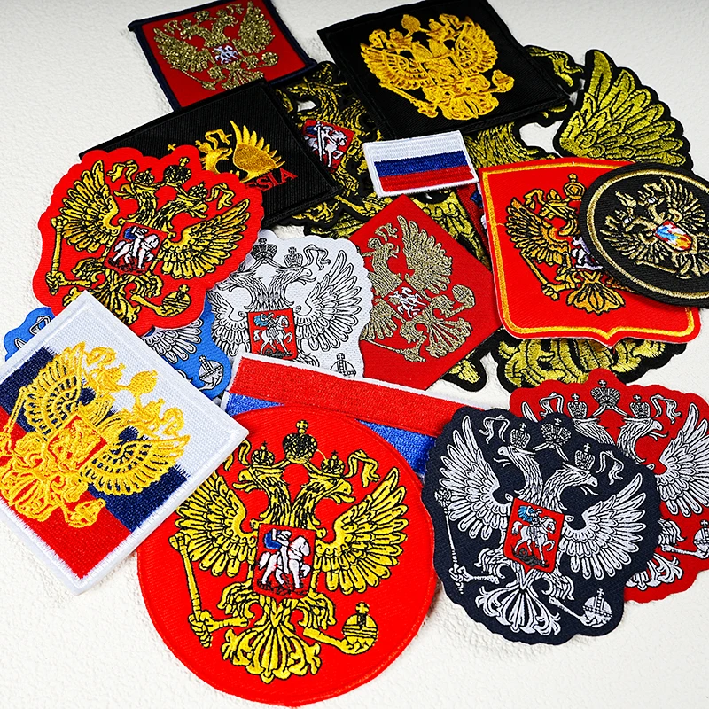 Russian GoldLine Eagle Embroidery Patch Eagle Flag Emblem Iron On Patch Hand sewn Weaving Mark Arm Badge Hat Clothing Label