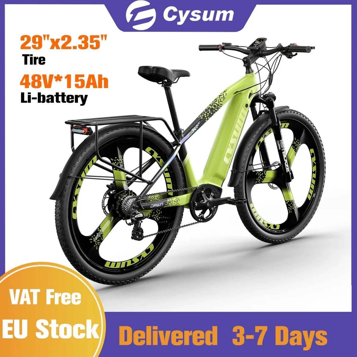 Vélo électrique de montagne CYSUM M520, vélo électrique tout-terrain pour adultes de 29 pouces, vélo électrique assisté par pédale, batterie 48 V 15 Ah, cassette à 7 vitesses