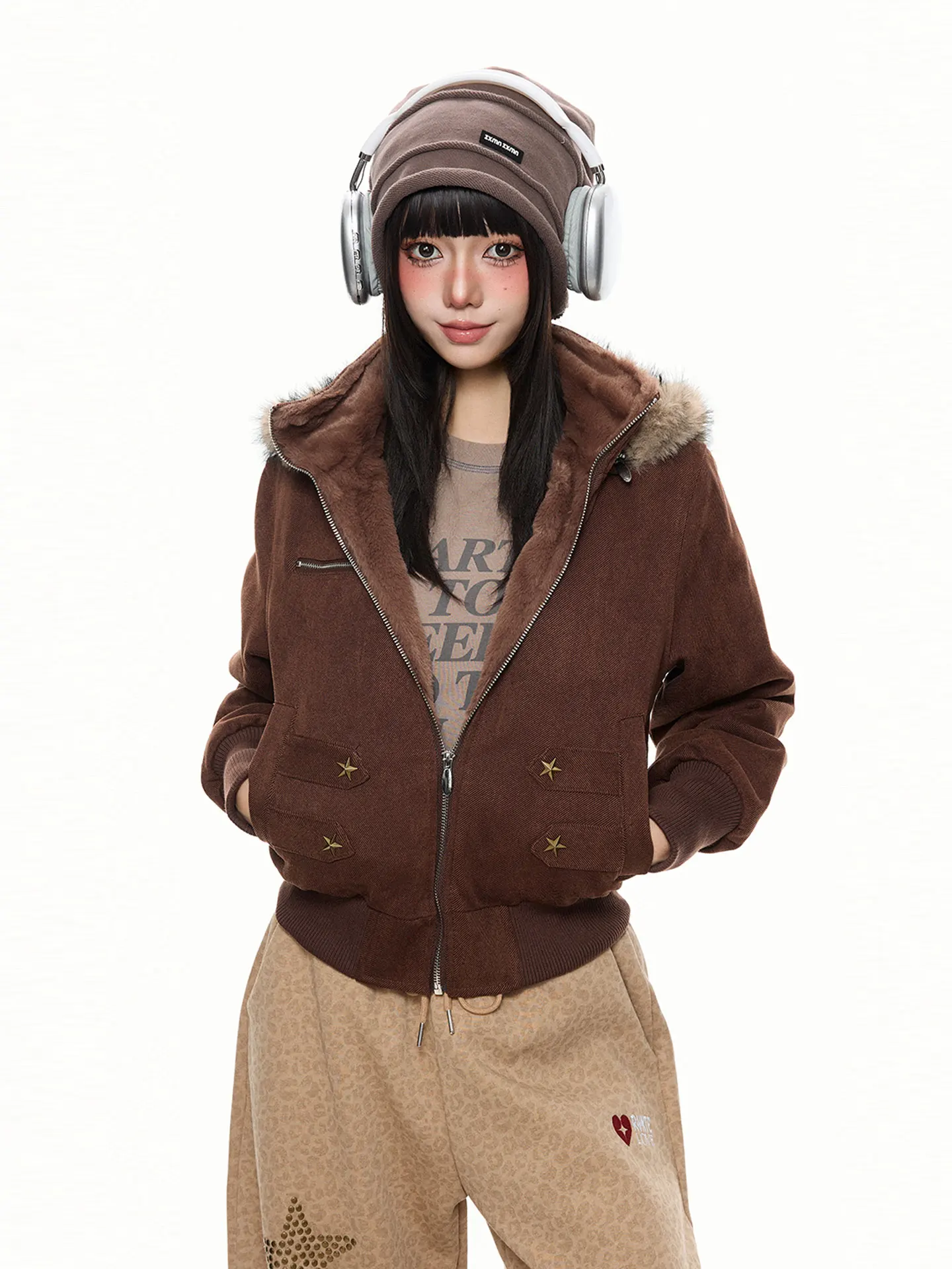 Thickened Retro American Plush Hooded Cotton Jacket Women's Waist-Cinching Two-Way Wear Detachable Zipper Closure Short Coat
