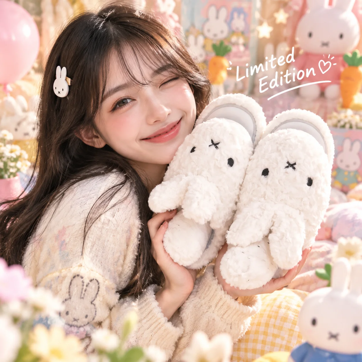Miffy Winter Warm Cartoon Cute Kawaii Plush Cotton Soft Comfortable Anti Slip Indoor Home Slippers for Women Girls Gift Toy