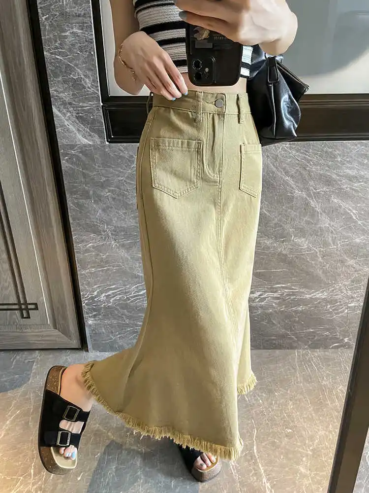 Khaki Raw Edge Denim Half Skirts for Women Spring Summer High Waist Slim A-line Skirt Korean Mid-length Mermaid Skirts